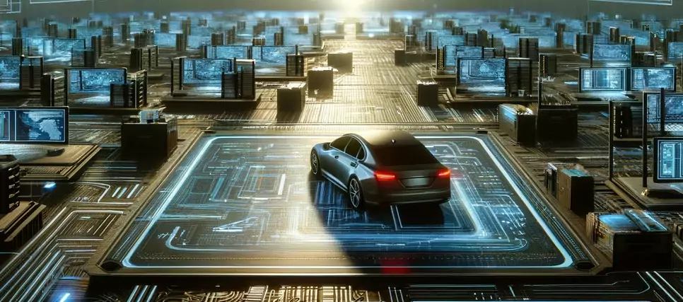 Car in a Digital Landscape Surrounded by Monitors - AI generated